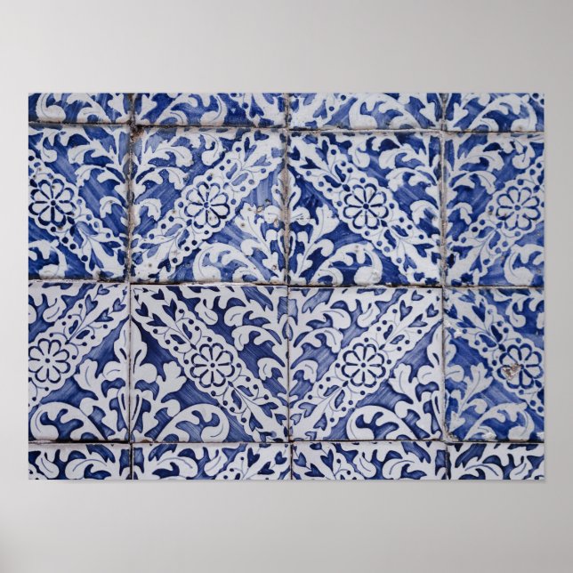 Affiche Portuguese Tiles - Azulejo Blue and White Floral (Devant)