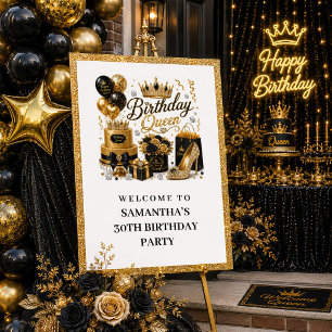 Affiche Pos Glitter Bienvenue Reine Anniversaire Or Noir G