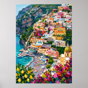 Affiche Positano Côte Amalfitaine Italien Coloré Bord de M