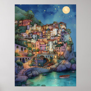 Affiche Positano, Italie - Coastal Village & Starry Sky