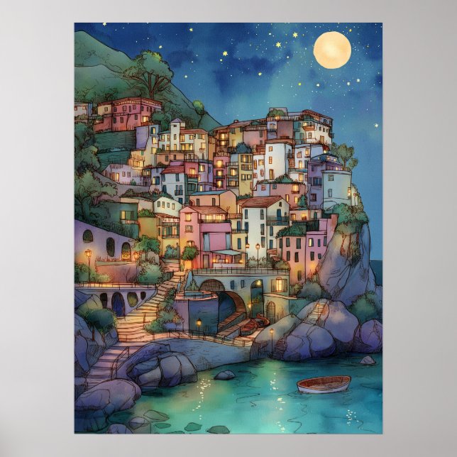 Affiche Positano, Italie - Coastal Village & Starry Sky (Devant)