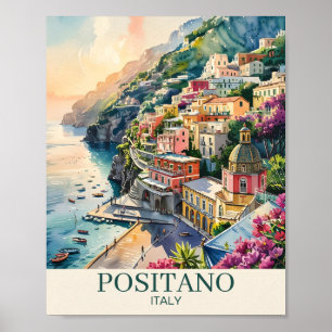 Affiche Positano Italie Côte Amalfitaine Paysage Aquarelle