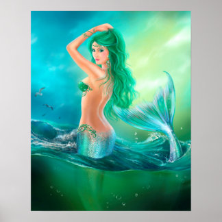Affiche Poster-Belle sirène en mer sur les vagues