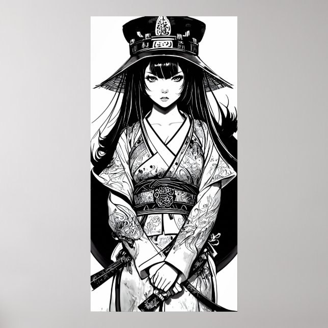 Affiche Póster Lienzo vintage art ink samurai girl (Devant)