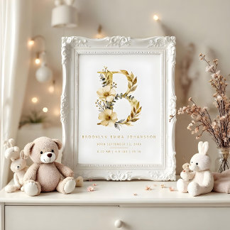 Affiche Póster Nursery Cute Romantic Floral B Letter Gold
