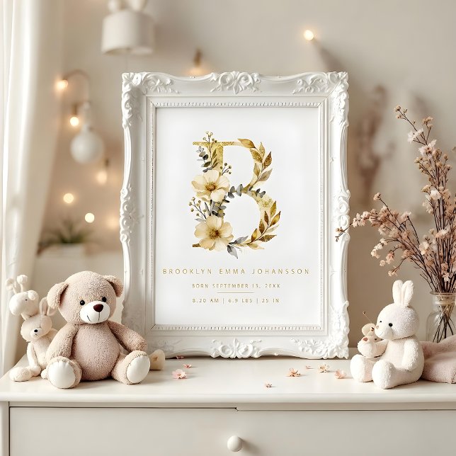 Affiche Póster Nursery Cute Romantic Floral B Letter Gold (Delicate Romantic Floral B Letter in Gold Glitter Effect Posters for Nursery Decor. )