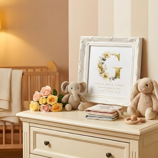 Affiche Póster Nursery Cute Romantic Floral G Letter Gold
