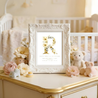 Affiche Póster Nursery Cute Romantic Floral R Letter Gold