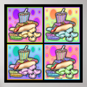 Affiche Poster, toile - Pop Art Hot Dog avec chips et