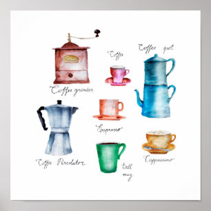 Affiche Pot à café aquarelle, broyeur, tasse, mug, cafetiè