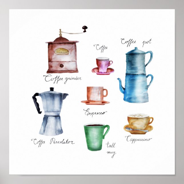 Affiche Pot à café aquarelle, broyeur, tasse, mug, cafetiè (Devant)
