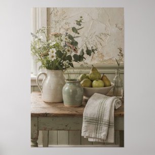 Affiche Pot à crème aux fleurs sauvages avec poires et lin