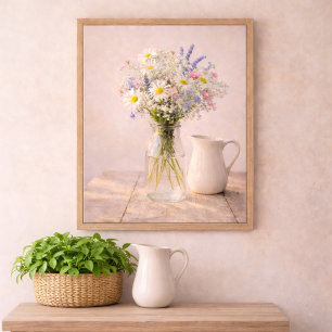 Affiche Pot de fleurs sauvages de campagne et pichet en cé