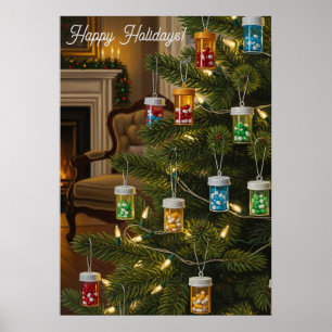 Affiche Pot de pilules cadeau arbre de Noël pharmacien fêt