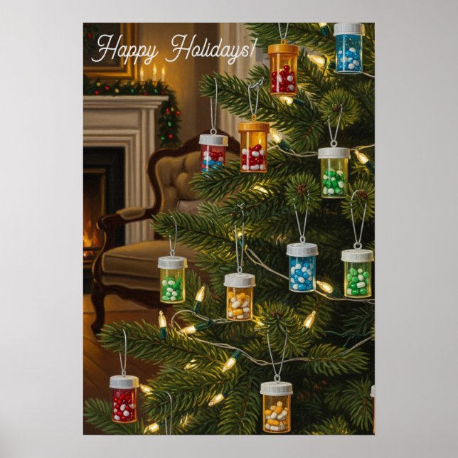 Affiche Pot de pilules cadeau arbre de Noël pharmacien fêt (Devant)