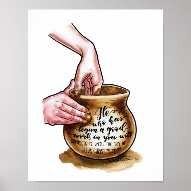 Affiche Pots d'argile - Potter lance un vase - aquarelle (Devant)