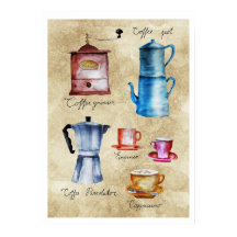 Pots de café Vintage moderne Grinder Aquarelle Art
