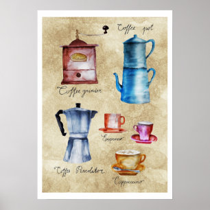 Affiche Pots de café vintages Coupes de broyeur Aquarelle 