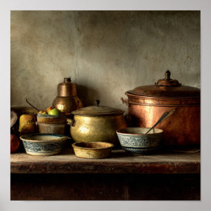 Affiche Pots vintages en cuivre et botte en céramique - Cu