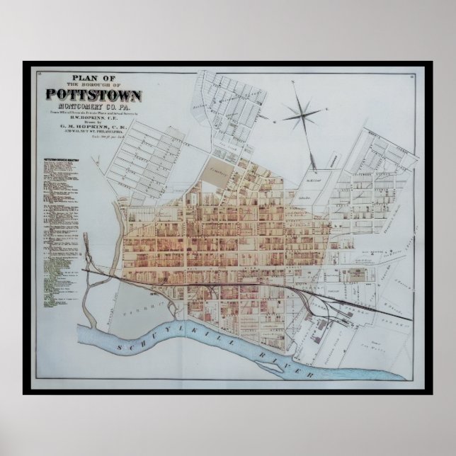 Affiche Pottstown Borough Map PA Pennsylvanie 1871 (Devant)