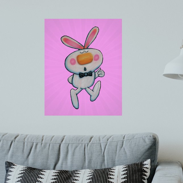 Affiche Pouce blanche Pouce vers le haut Orange Nez rose M (Cute cartoon white rabbit giving thumbs up sign wearing bow tie on pink artwork poster.)