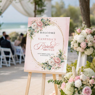 Affiche Poudre Douce Rose Floral Eucalyptus Or Bienvenue