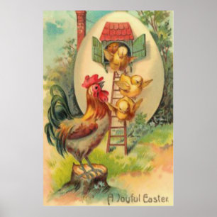 Affiche Poulailler de Pâques Coq Poussin Oeuf Maisonnette