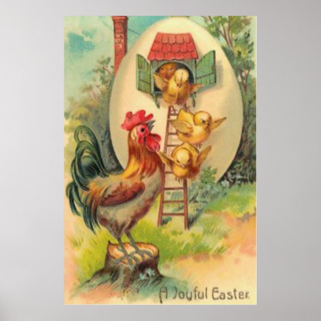 Affiche Poulailler de Pâques Coq Poussin Oeuf Maisonnette (Devant)