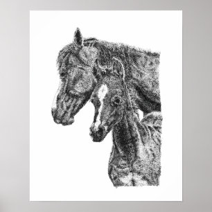 Affiche Poulain Jument Pointillisme Cheval Poulain Équine