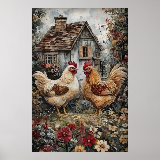 Affiche Poule dans les fleurs imprimable, Pâques Cottageco (Devant)
