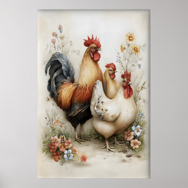 Affiche Poule de Pâques Coq Fleurs Imprimable, Vintage (Devant)