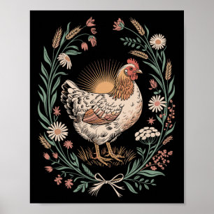 Affiche Poule Rétro Dans Un Cadre Floral Amoureux De Poule