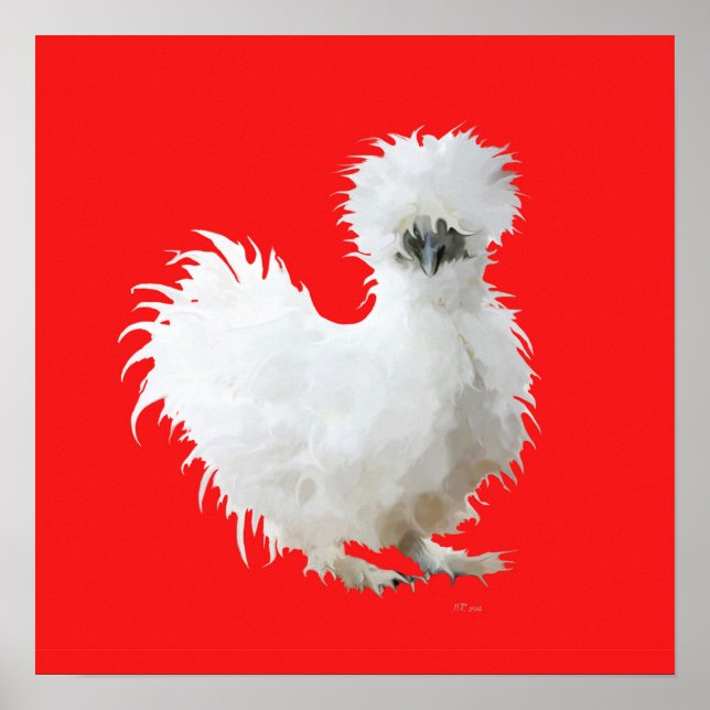 Affiche Poule Soie sur Fond Rouge (Devant)