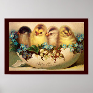 AFFICHE POULES AVEC FLEURS DANS UN OEUF DE PÂQUES