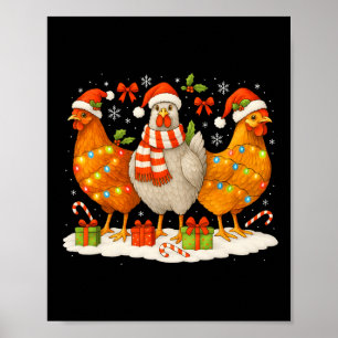 Affiche Poules lumières de Noël chapeaux de Père Noël renn