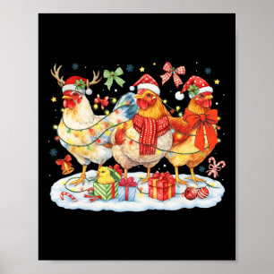 Affiche Poules lumières de Noël chapeaux de Père Noël renn