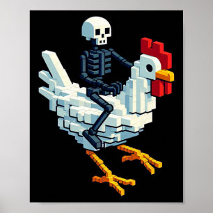 Affiche Poulet à cheval sur un squelette de style pixel ar
