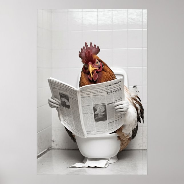 Affiche Poulet assis sur les toilettes Lire un journal (Devant)