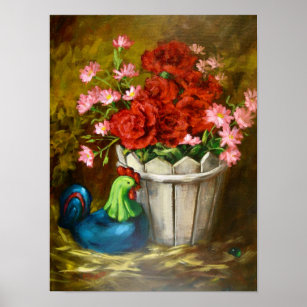 Affiche Poulet d'art populaire avec peinture de fleurs