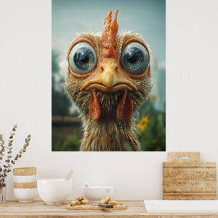 Affiche Poulet Drôle aux Grands Yeux en Gros Plan