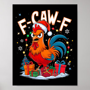 Affiche Poulet drôle de Noël Coq Chapeau de Père Noël Vaca