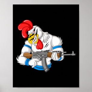Affiche Poulet en colère dessin animé arme Coq drôle pisto