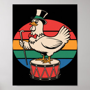 Affiche Poulet Fantaisie sur Tambour Rétro Arc-en-ciel en