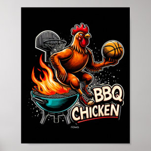 Affiche Poulet grillé BBQ jouant au basket-ball enflammé