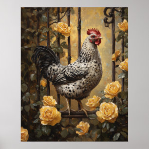 Affiche Poulet tacheté aux roses jaunes, peinture à l'huil