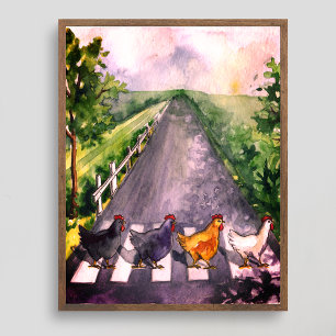 Affiche Poulets aquarelle mignons traversant la route humo