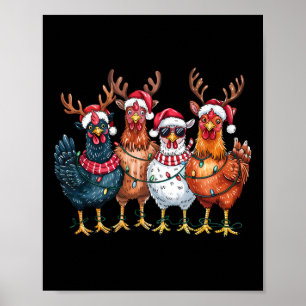 Affiche Poulets de Noël Renne Animaux de Ferme Lumières de