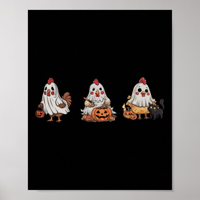 Affiche Poulets En Costume Fantôme Citrouille Chat Noir Ha (Devant)