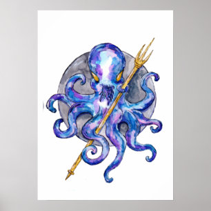 Affiche Poulpe avec Trident Aquarelle
