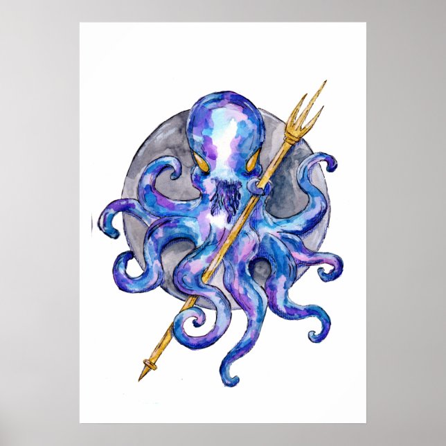 Affiche Poulpe avec Trident Aquarelle (Devant)